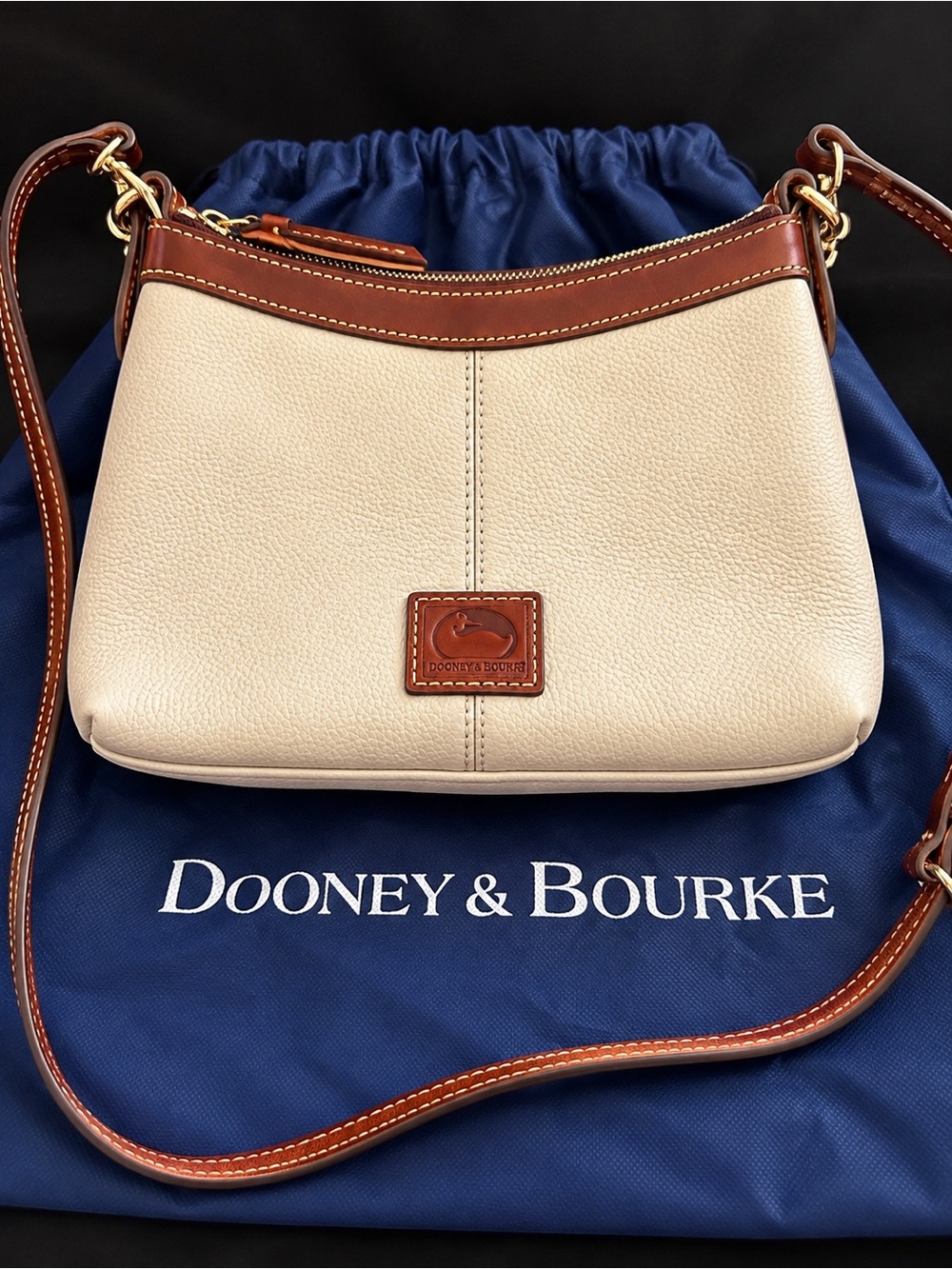 Dooney & Bourke Cream Pebble Leather Crossbody with Brown Trim